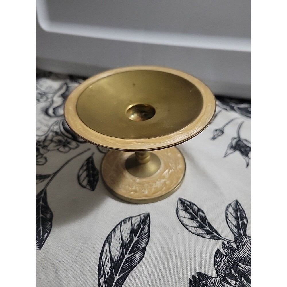Vtg Brass And Enamel Candle Holder  Faux Marble
